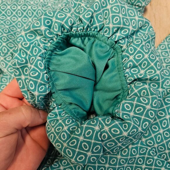 Meraki Faux Wrap Blouse Puff Sleeve Women’s Large Green Teal Geometric Pattern - Picture 9 of 10